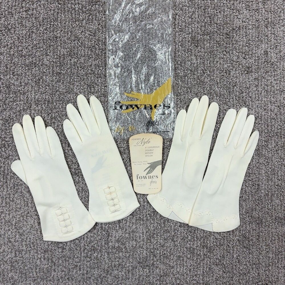 Vintage Fownes Nylo Gloves Womens 6.5 White Nylon 2 Pair Formal 50s 60s Retro